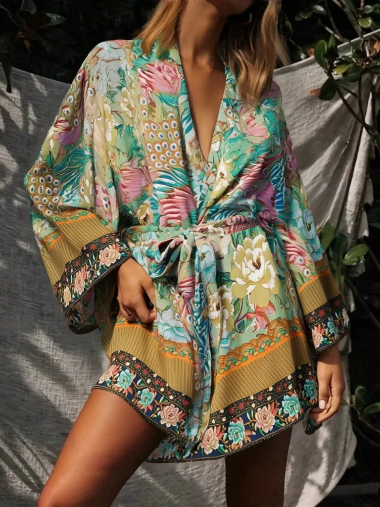 Jade Peacock Boho Floral Print Short Robe Green / S