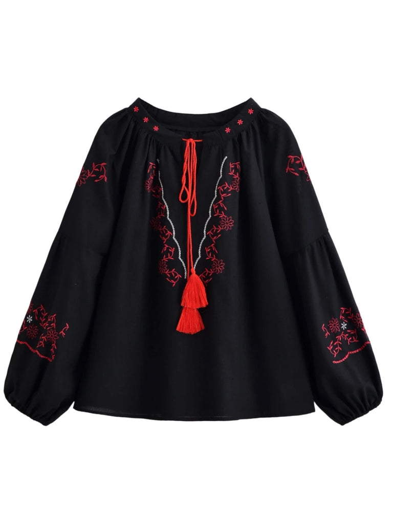 Black Floral Embroidered Long Sleeve Blouse