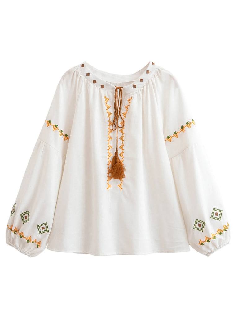 White Boho Embroidered Long Sleeve Blouse