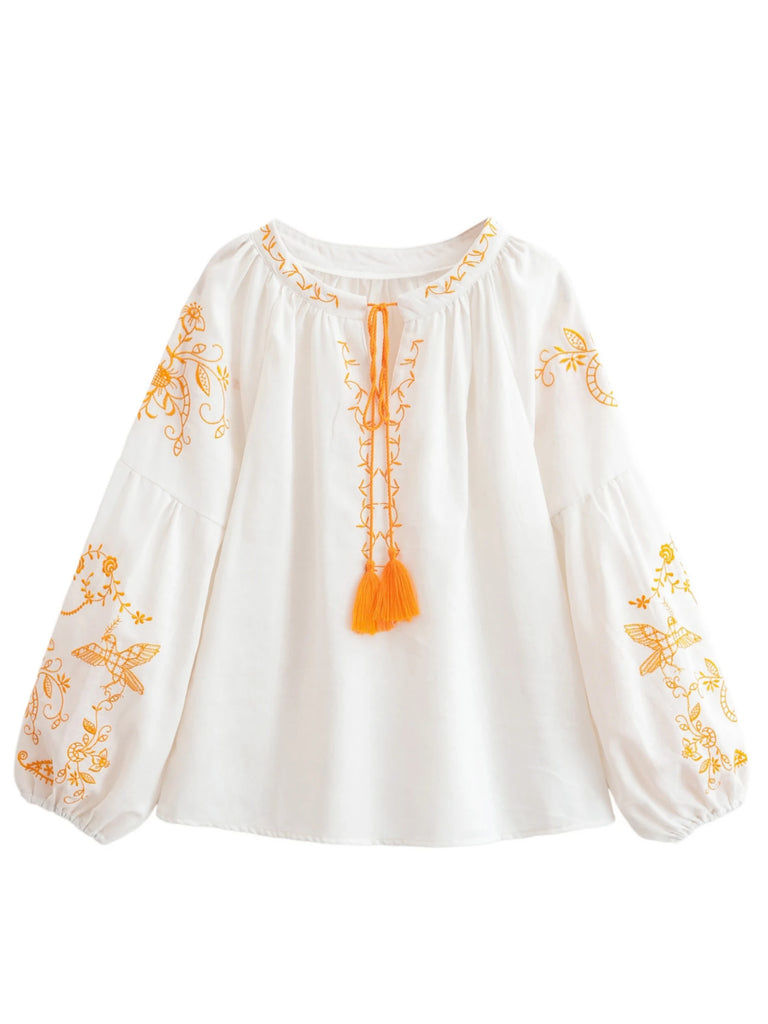 White Bird Floral Embroidered Long Sleeve Blouse