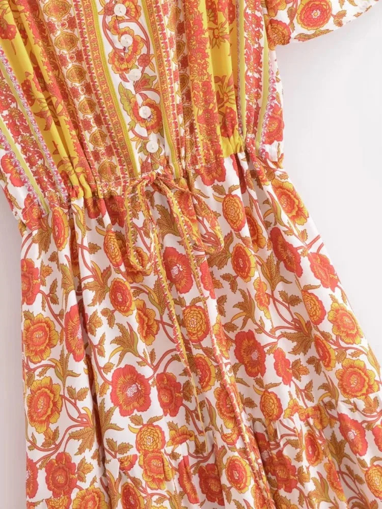 Marigold Orange Boho Floral Print Maxi Dress Yellow / L