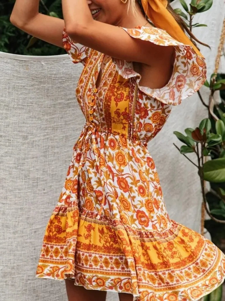 Marigold Orange Boho Floral Print Mini Dress Orange / L