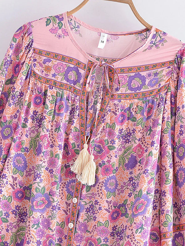 Pink Whisper Boho Floral Print Long Sleeve Blouse