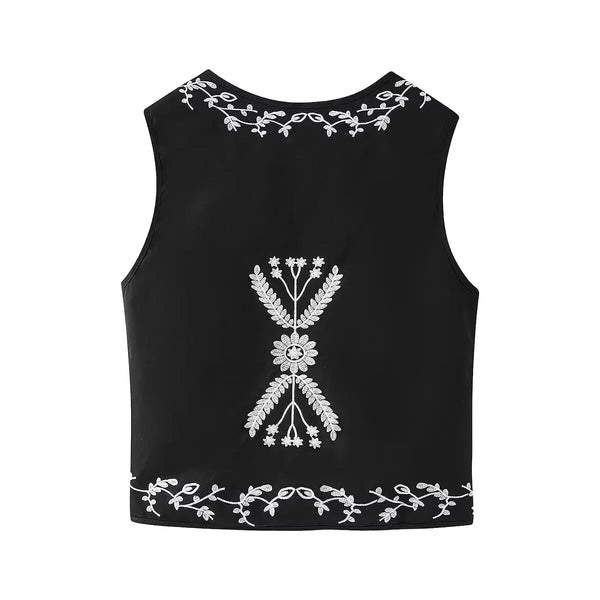 Midnight Bloom Boho Floral Embroidered Vest