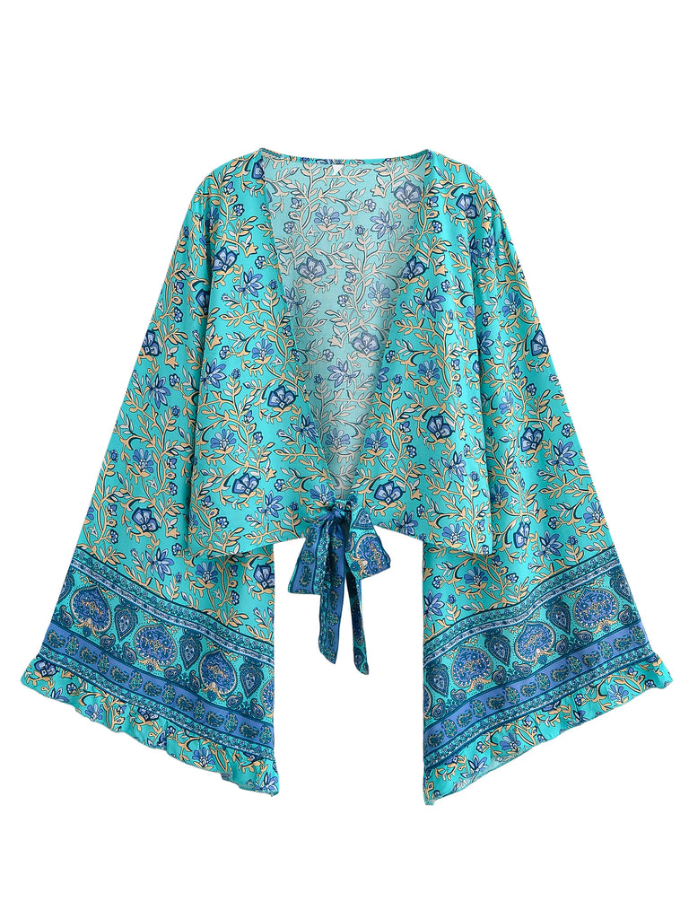 Lagoon Blossom Boho Floral Print Long Sleeve Crop Top