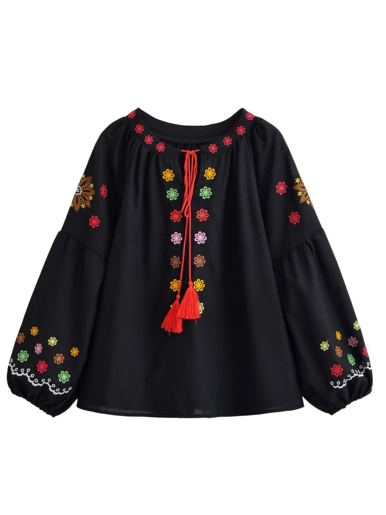 Black Bloom Embroidered Long Sleeve Blouse