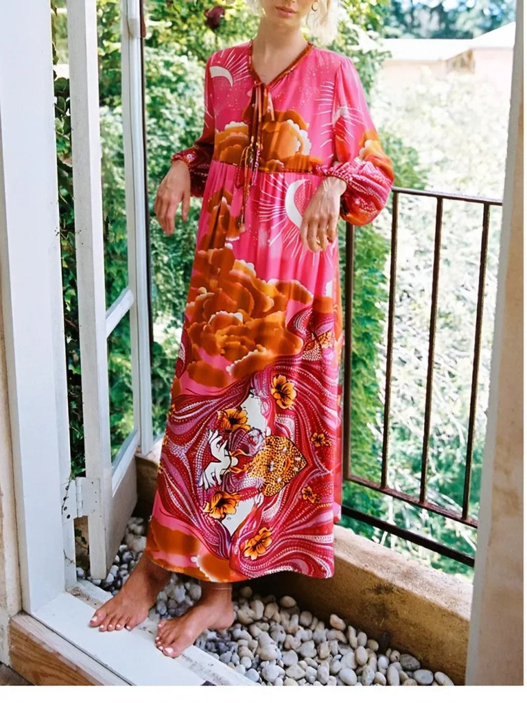 Moonstruck Pink Boho Floral Print Long Sleeve Maxi Dress Moonstruck Pink Boho Floral Print Long Sleeve Maxi Dress