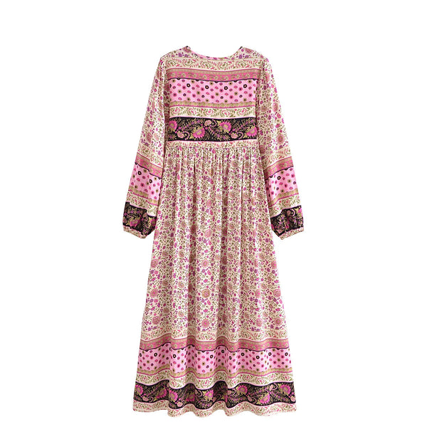 Pink Whimsy Boho Floral Print Long Sleeve Maxi Dress