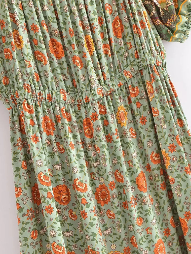 Green Whimsy Boho Floral Print Maxi Dress Green / L