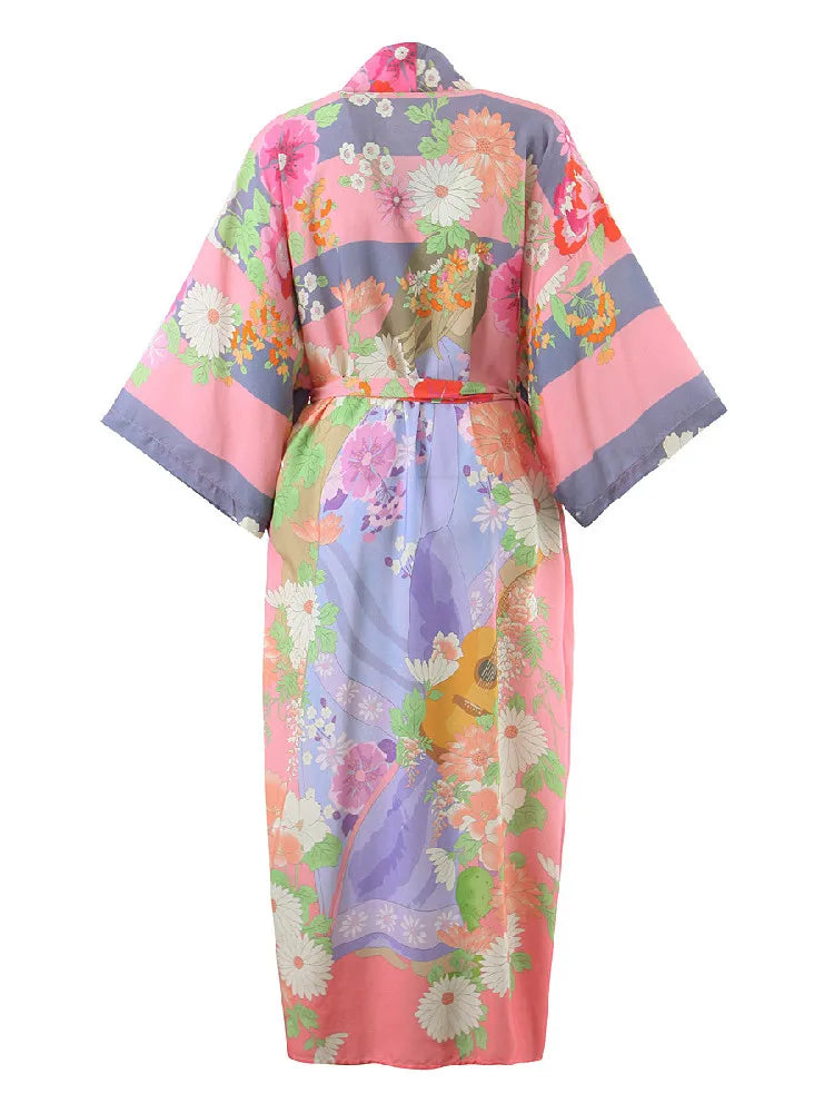 Pink Blooms Boho Floral Print Maxi Robe – Queen Boheme