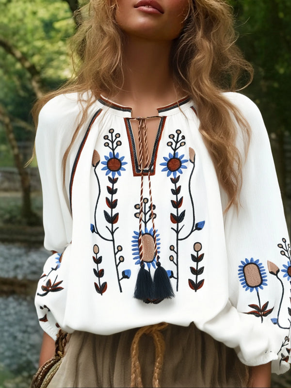 Snowdrop Bloom Floral Embroidered Long Sleeve Blouse
