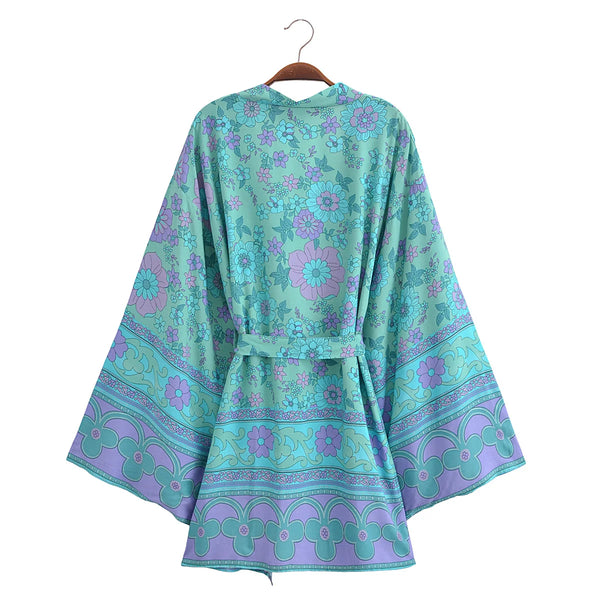Turquoise Bloom Boho Floral Print Short Robe