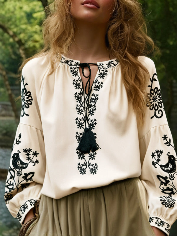 Desert Songbird Floral Embroidered Long Sleeve Blouse