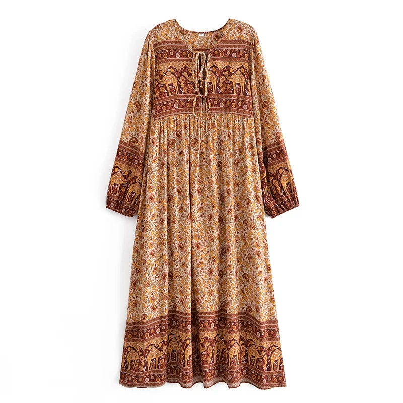 Golden Camel Boho Floral Print Long Sleeve Maxi Dress