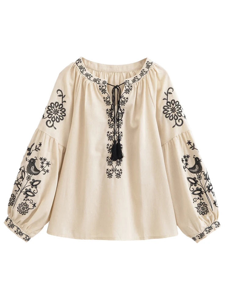 Desert Songbird Floral Embroidered Long Sleeve Blouse