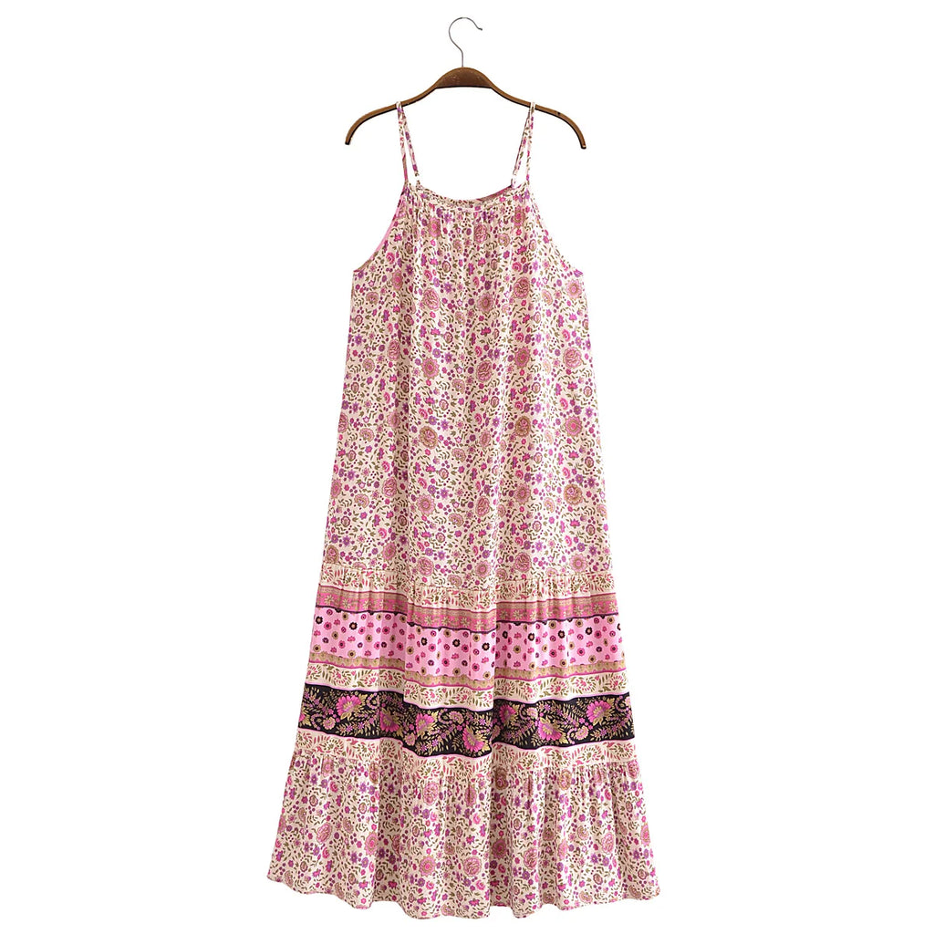 Pink Whimsy Boho Floral Print Maxi Dress