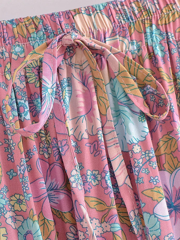 Blushing Hibiscus Floral Print Boho Maxi Skirt