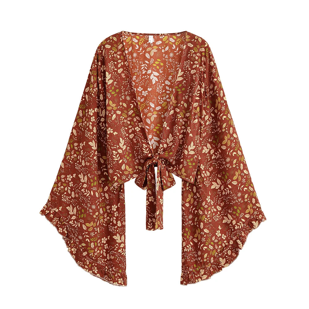 Terracotta Blossom Boho Floral Print Long Sleeve Crop Top
