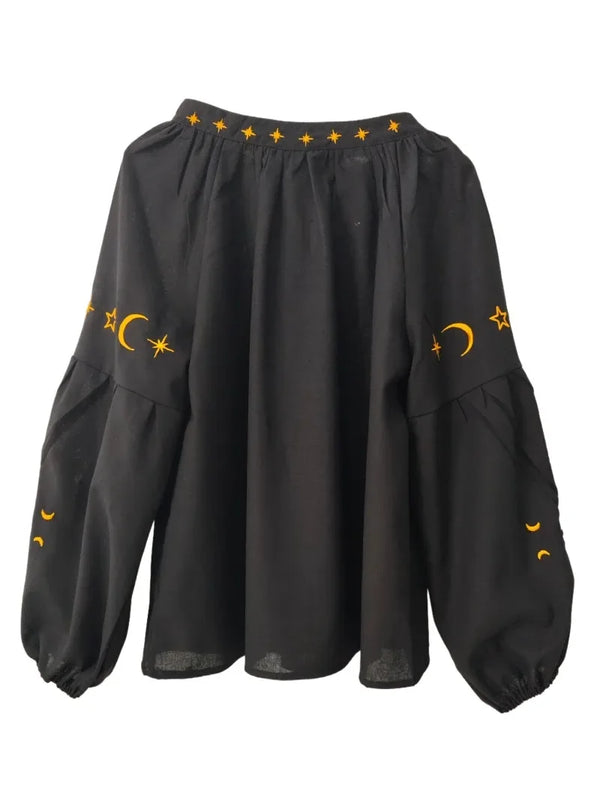 Midnight Luna Sol Embroidered Long Sleeve Blouse
