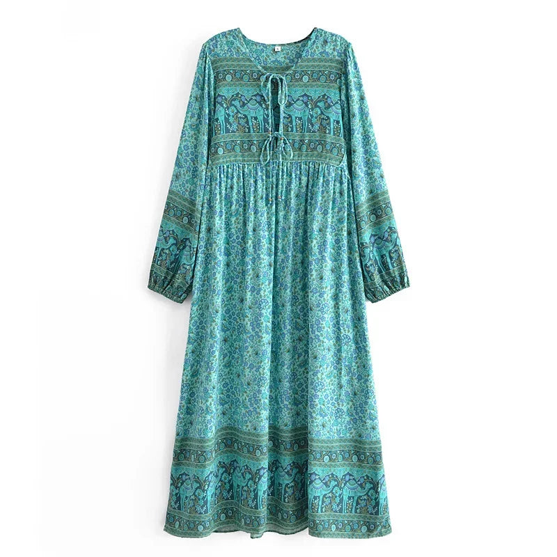 Calypso Camel Boho Floral Print Long Sleeve Maxi Dress