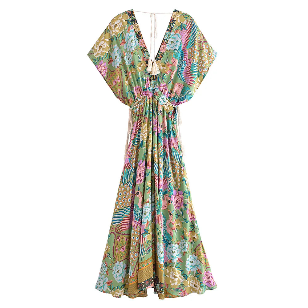 chinese dress ladies Jade Songbird Boho Floral Print Midi Dress Green / L main image 0