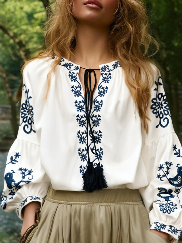 White Songbird Floral Embroidered Long Sleeve Blouse