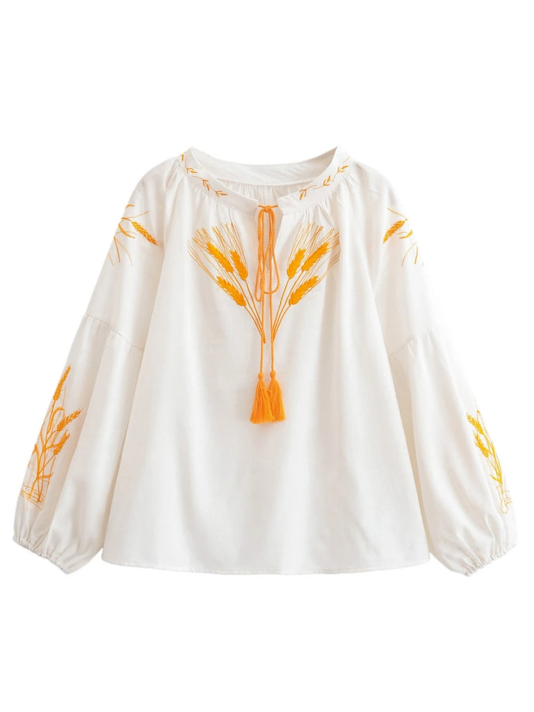 White Meadow Embroidered Long Sleeve Blouse