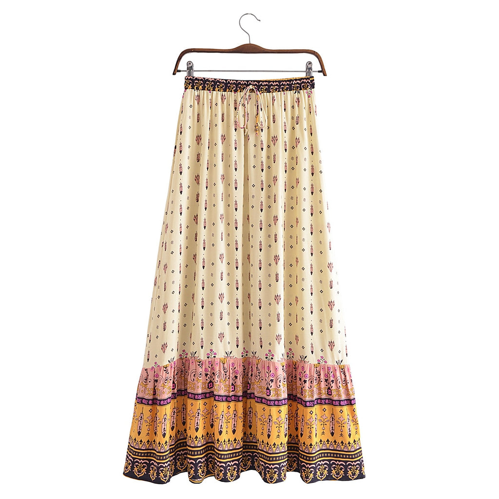 Gypsy Feather Floral Print Boho Maxi Skirt