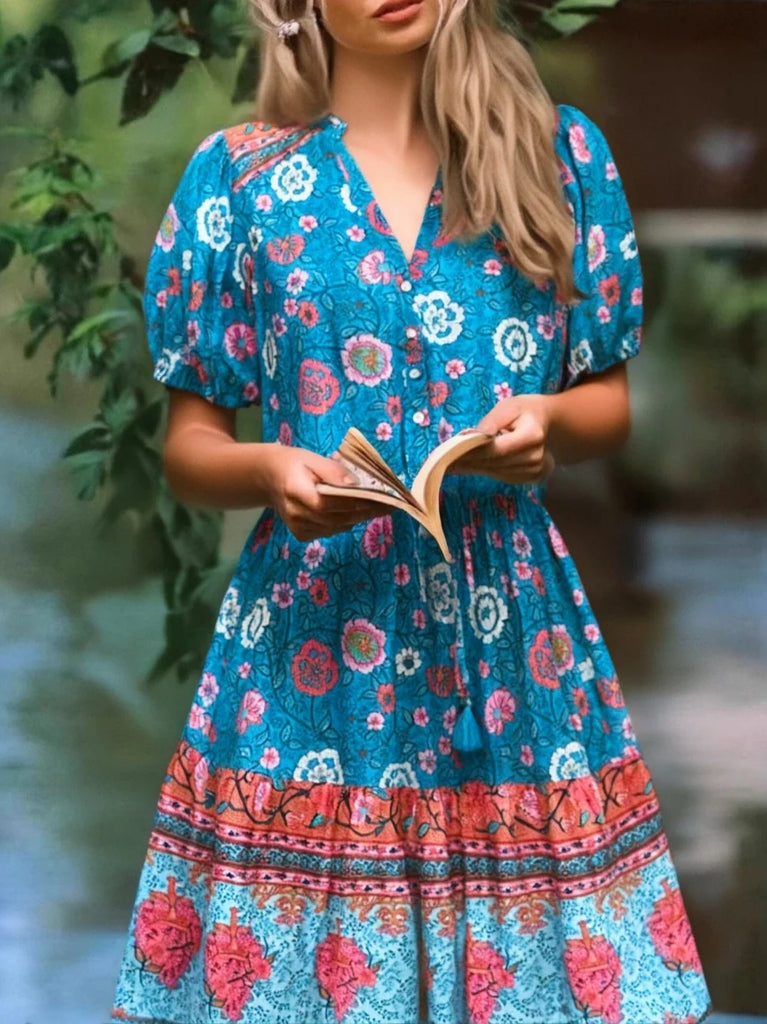 blue floral boho midi dress Blue Bouquet Boho Floral Print Midi Dress Blue / S
