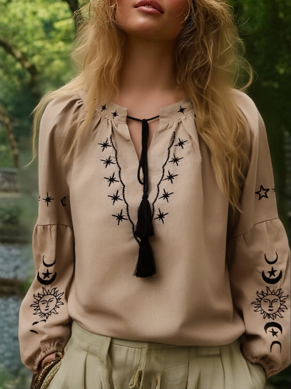 Moonstone Luna Sol Embroidered Long Sleeve Blouse