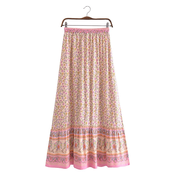Dreamy Pink Floral Print Boho Maxi Skirt
