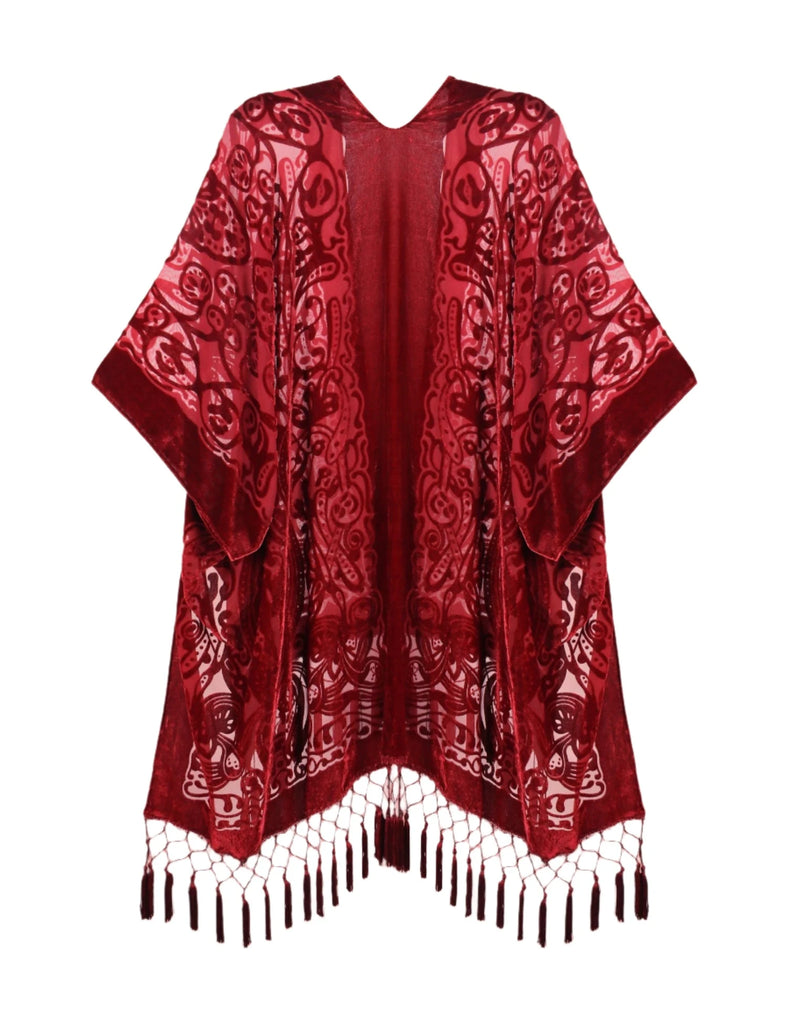 Red Velvet Burnout Kimono - One Size Red Velvet Burnout Kimono - One Size