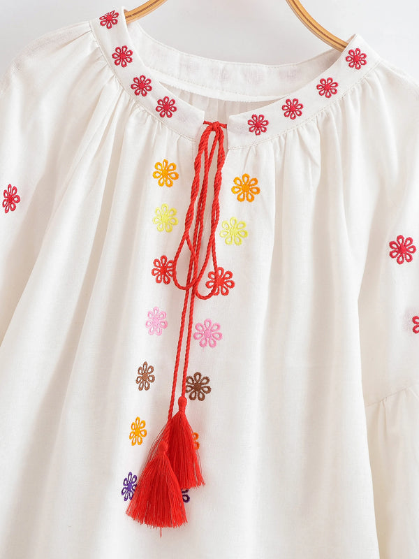 White Bloom Embroidered Long Sleeve Blouse