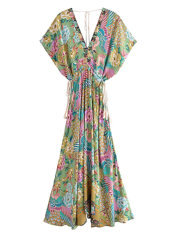 Jade Songbird Boho Floral Print Midi Dress
