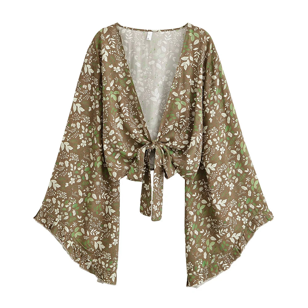 Olive Blossom Boho Floral Print Long Sleeve Crop Top