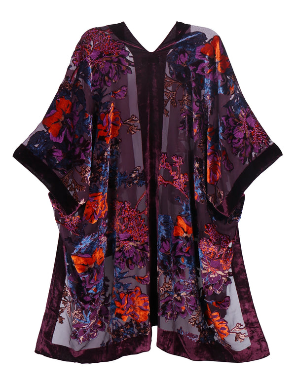 Plum Wine Floral Print Velvet Burnout Kimono