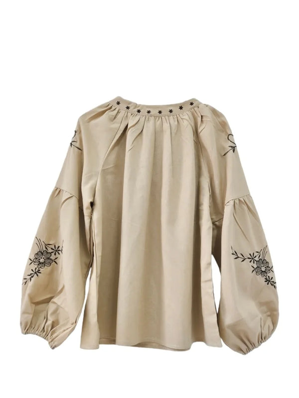 Beige Prairie Bloom Floral Embroidered Blouse