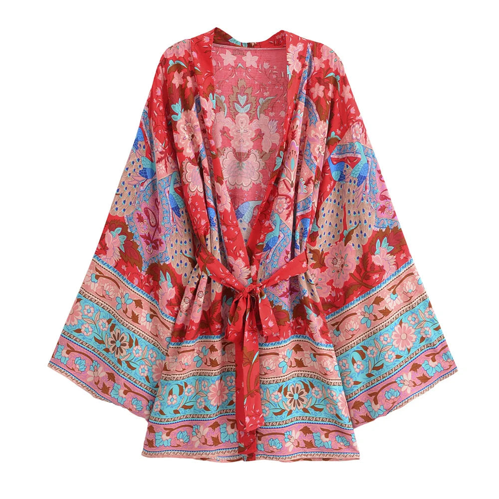 Fiery Red Peacock Boho Floral Print Short Robe