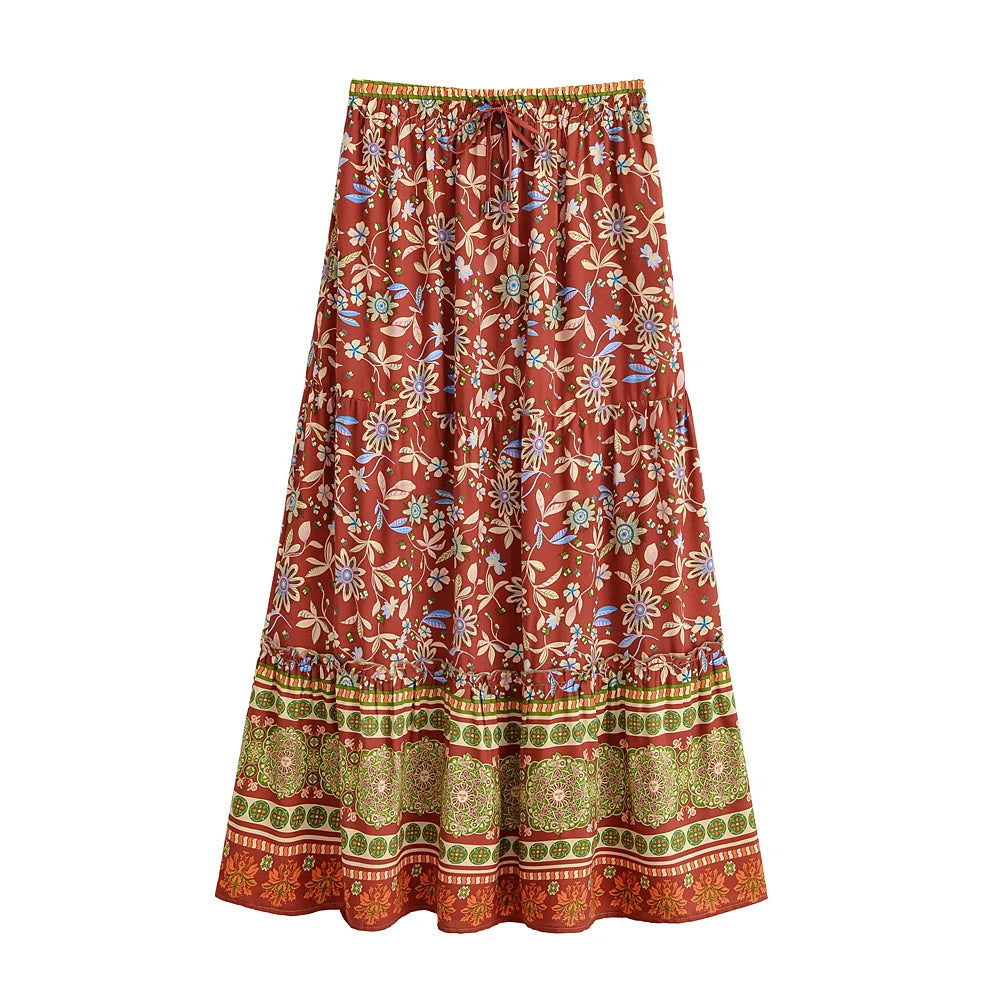 Henna Blossom Floral Print Boho Maxi Skirt