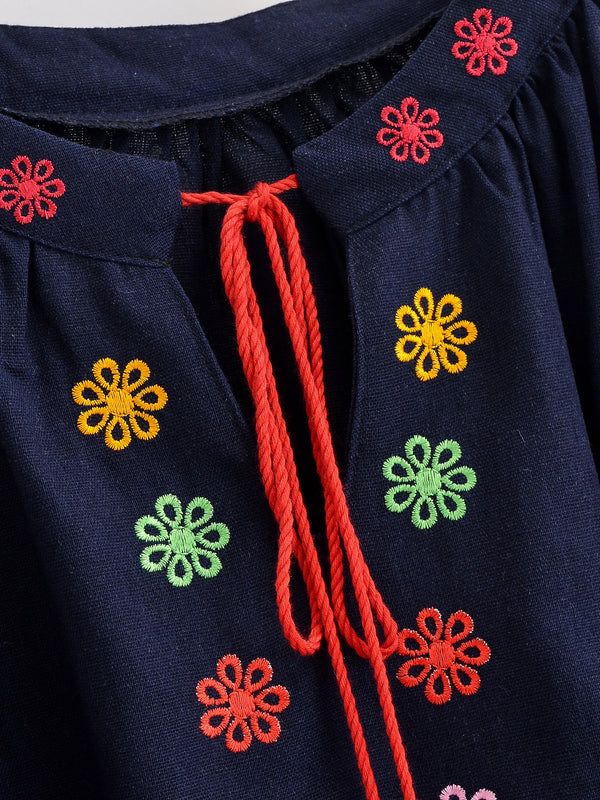 Navy Bloom Embroidered Long Sleeve Blouse