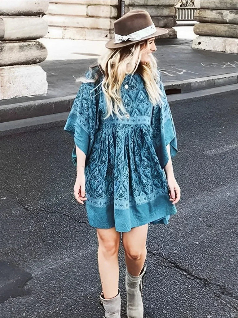 Blossom Blues Boho Floral Babydoll Mini Dress Blue / M