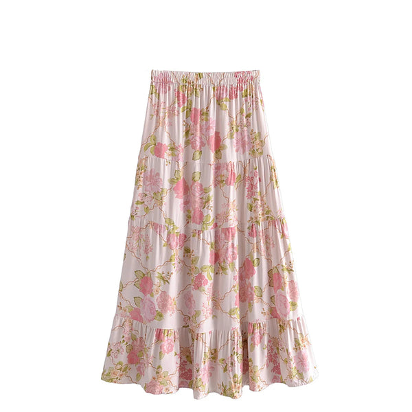 Blushing Rose Floral Print Boho Maxi Skirt