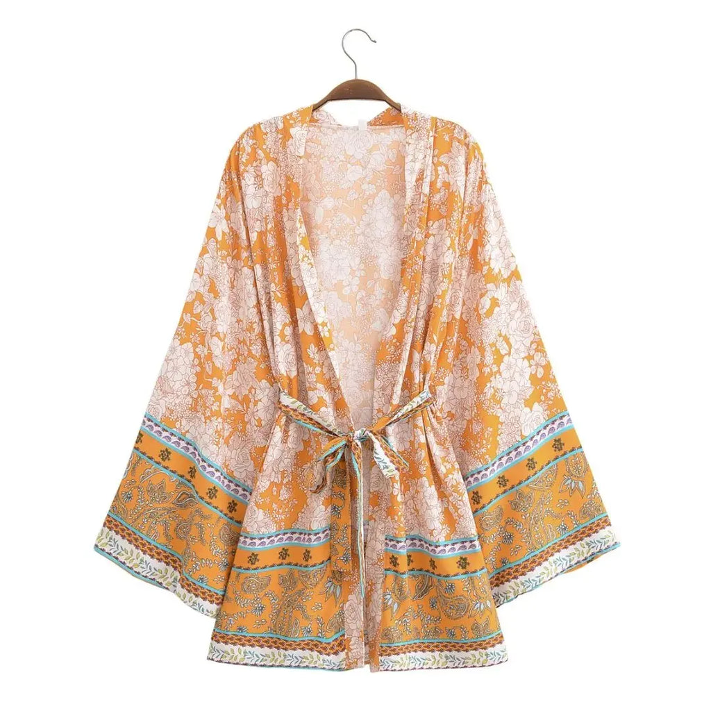 Saffron Bloom Boho Floral Print Short Robe