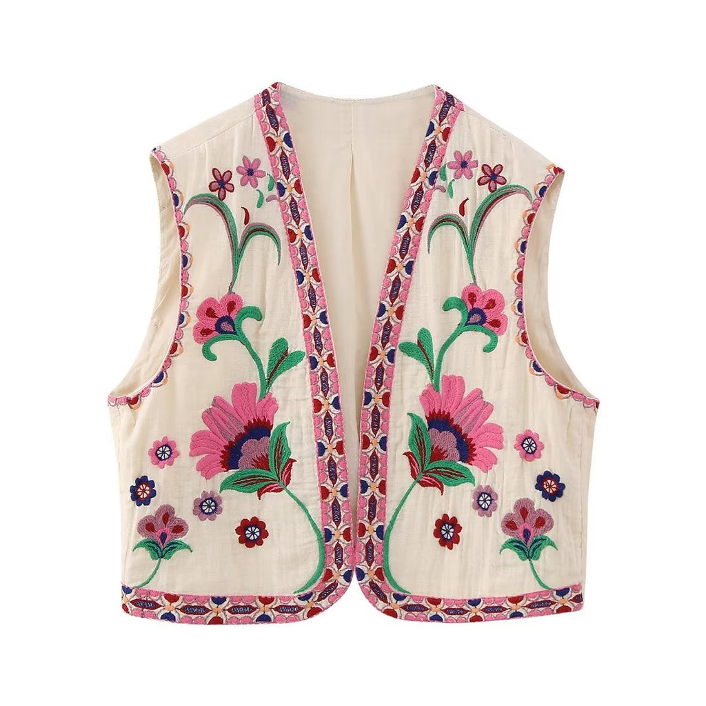 Pink Blooms Boho Floral Embroidered Vest