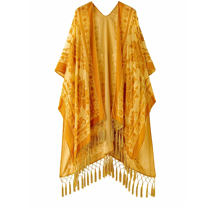 Golden Glow Floral Print Velvet Burnout Kimono