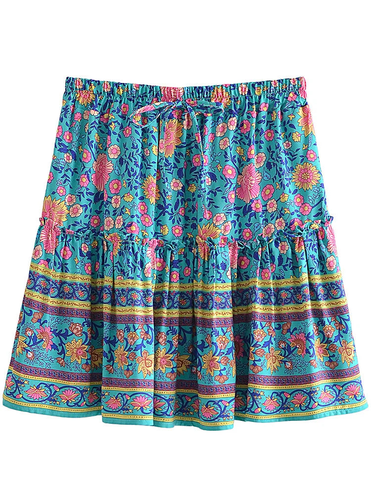 Turquoise Dream Floral Print Mini Skirt