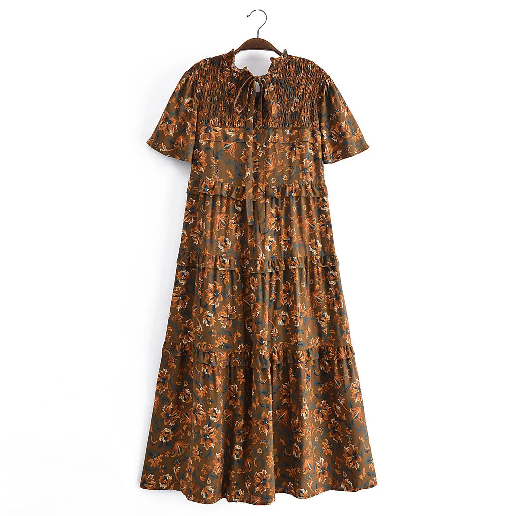 Rustic Wildflower Boho Floral Print Midi Dress Brown / S