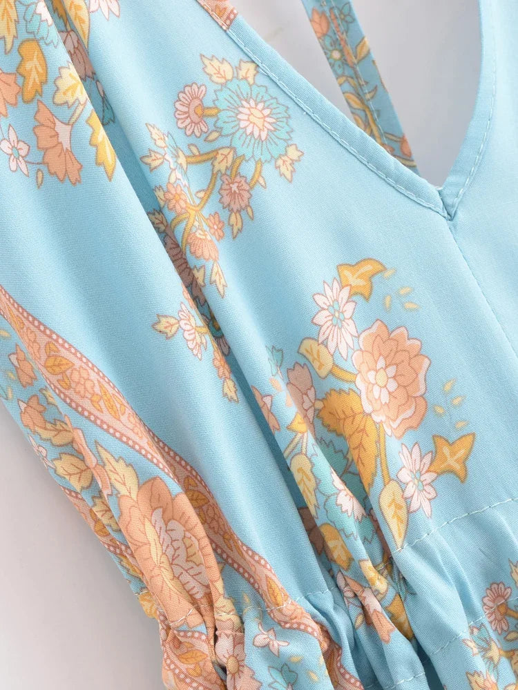 Enchanted Blue Boho Floral Print Maxi Dress Light Blue / S