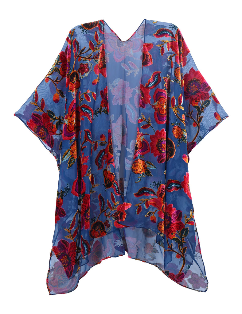 Indigo Dream Floral Print Velvet Burnout Kimono