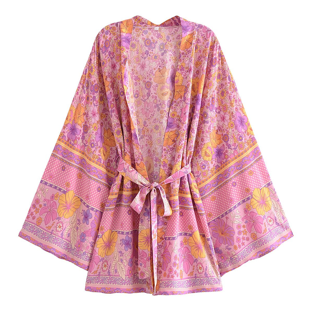 Pink Hibiscus Boho Floral Print Short Robe